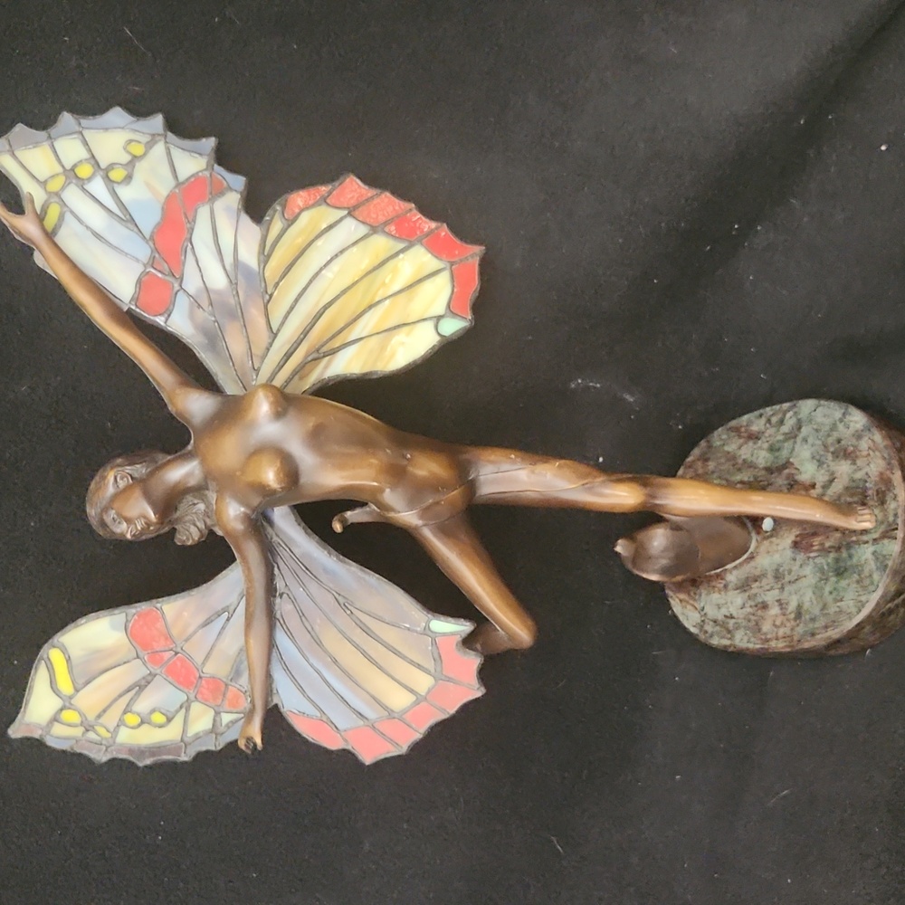 Elegant Bronze Fairy Sculpture W/ Stained Glass Wings (Was A Lamp) Signed Adolph
